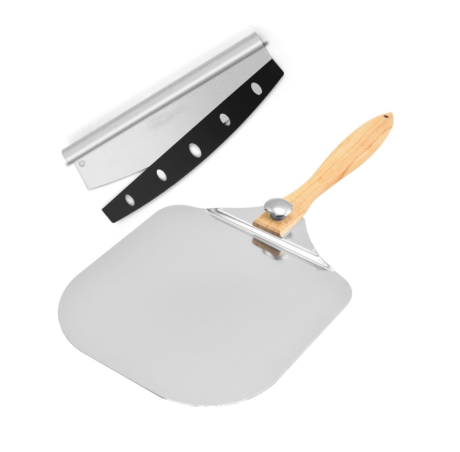 Aluminum Metal Pizza Peel with Foldable Wood Handle for Easy Storage, Pizza Spatula, Gourmet Luxury Pizza Paddle for Baking Homemade Pizza Bread with cutter (12 x 14 inch + 14 inch cutter)