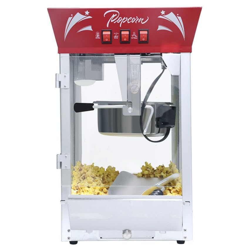 Image of Commercial Popcorn MAKER Machine, 12 Ounce Kettle Stainless Steel Popcorn Maker with Tempered Glass, Warming Deck, 850W Countertop Popcorn Popper for Parties, Events, and Home Theater, Red