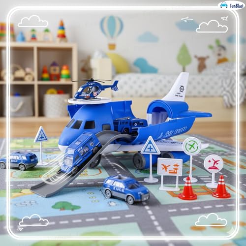 Image of FunBlast Police Airplane Toy Set - Big Aircraft with 4 Police Vehicles, Helicopter, Road Signs & Cones, DIY Firefighter Playset for Kids, Educational Role Play Toy for Boys & Girls (Blue)