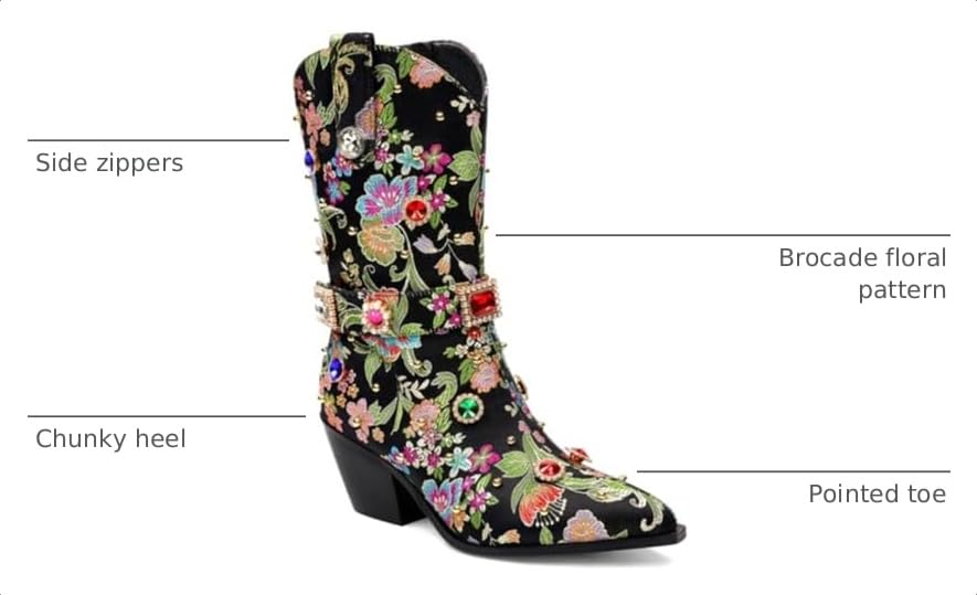Image of LOCERICH Women Rhinestone Cowboy Sparkly Cowgirl Boots Diamond Western Floral Embroidery Mid Calf Booties