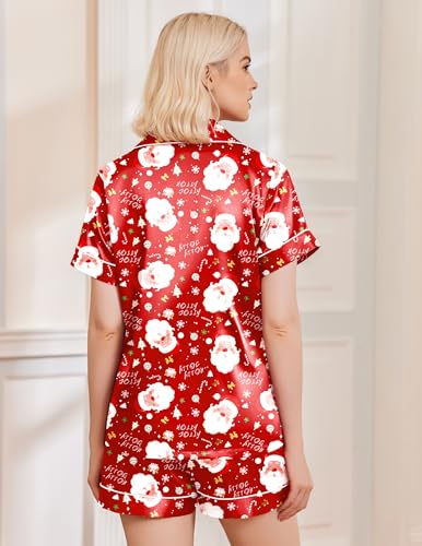 Image of Ekouaer Womens Silk Satin Pajama Sets Soft Short Sleeve Button Down Sleepwear Top and Shorts 2 Piece Pjs Lounge Set
