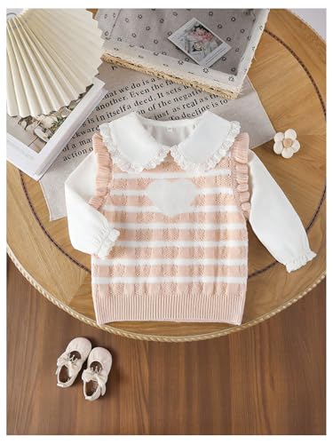 Image of Floerns Toddler Girl's Striped Print Knitwear Pullover Tank Ruffle Trim Sweater Vest
