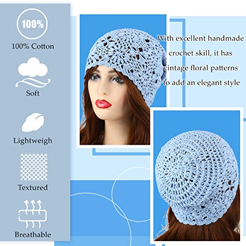 Jenpen 4 Pieces Crochet Slouchy Beanie Hat Fall Handmade Knit Floral Skull Cap Cotton Cutout Summer Hats For Women Lightweight Knitted (Gray, Blue, Black, Beige), Khaki, Medium-Large #TOP2