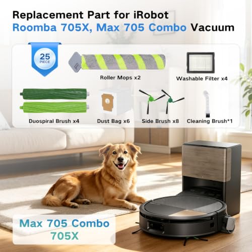 Image of Replacement Parts for iRobot Roomba 705X, Max 705 Combo Robot Vacuum | 25 Pack, 4 Roller Brush, 2 Mop Rollers, 4 Filters, 8 Side Brushes, 6 Dust Bags & 1 Cleaning Brush - Accessories Kit