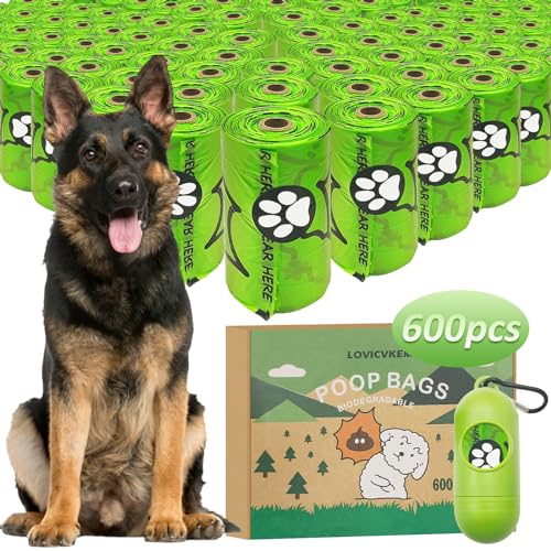 KAKMWAII 600 Pezzi Sacchetti cane cacca, Sacchetti per Bisogni dei Cani con Dispenser, 22 x 30 cm, a base di Amido di Mais Biologico, per bisogni dei Cani, Raccogli Feci, Pet Bag, Profumati, Verde