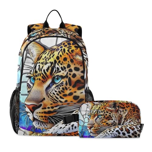 Art Leopard Backpack Lunch Bag Set for Travel Hiking Picnic, Backpacks with Insulated Lunch Box