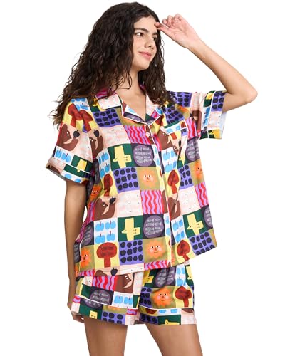 Image of YiNi LuLu Womens Silk Satin Shorts Pajamas Set Button Down 2 Piece Pjs Short Sleeve Oversized Sleepwear with Pockets
