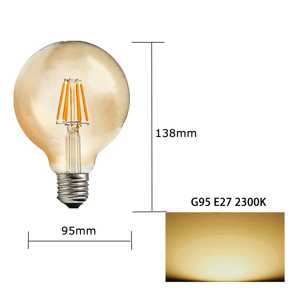 6 pezzi LED Lampadina Vintage Edison Lampadina E27 G95 Globo Lampadina a Risparmio Energetico AC 220-240V 6W Sostituisce Non Dimmable 60W, Bianco caldo 2300K 600lm