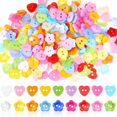 300Pcs Flower Buttons Spring Resin 2 Hole Craft Buttons Assorted Colorful Heart Button for Sewing Clothes Accessories Gift DIY Crafts Scrapbooking Decoration(0.5 inch)