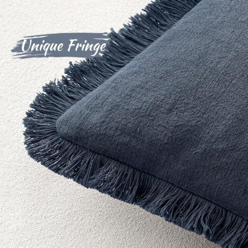 Image of MIULEE Linen Fringe Decorative Euro Throw Pillow Covers Indigo Blue 22x22