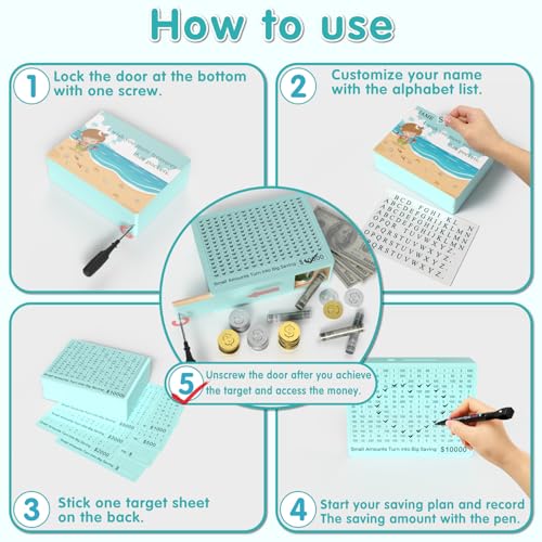 Image of Wooden Reusable Savings Box with 6 Target Sheets($500-10,000), Non-Toxic Nature Wood, Wooden Money Saving Box with Personalized Name,10000 Savings Challenge Box for Cash Box-Green