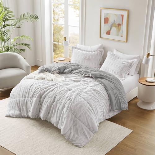 Image of Madison Park Soft Plush Comforter Long Faux Fur Design, Mid Century, Modern All Season Down Alternative Bedding Set with Matching Sham, Full /Queen, Gia, Gray /White 3 Piece