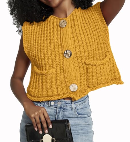 Image of Women's Sleeveless Crochet Cardigan Vest Casual Fashion Button Down Open Front Sweater Vest with Pockets