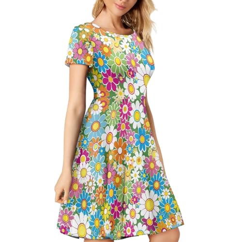 Image of HUGS IDEA Womens Puffy Swing Midi Dress Round Neck Short Sleeve Party A-Line Dresses