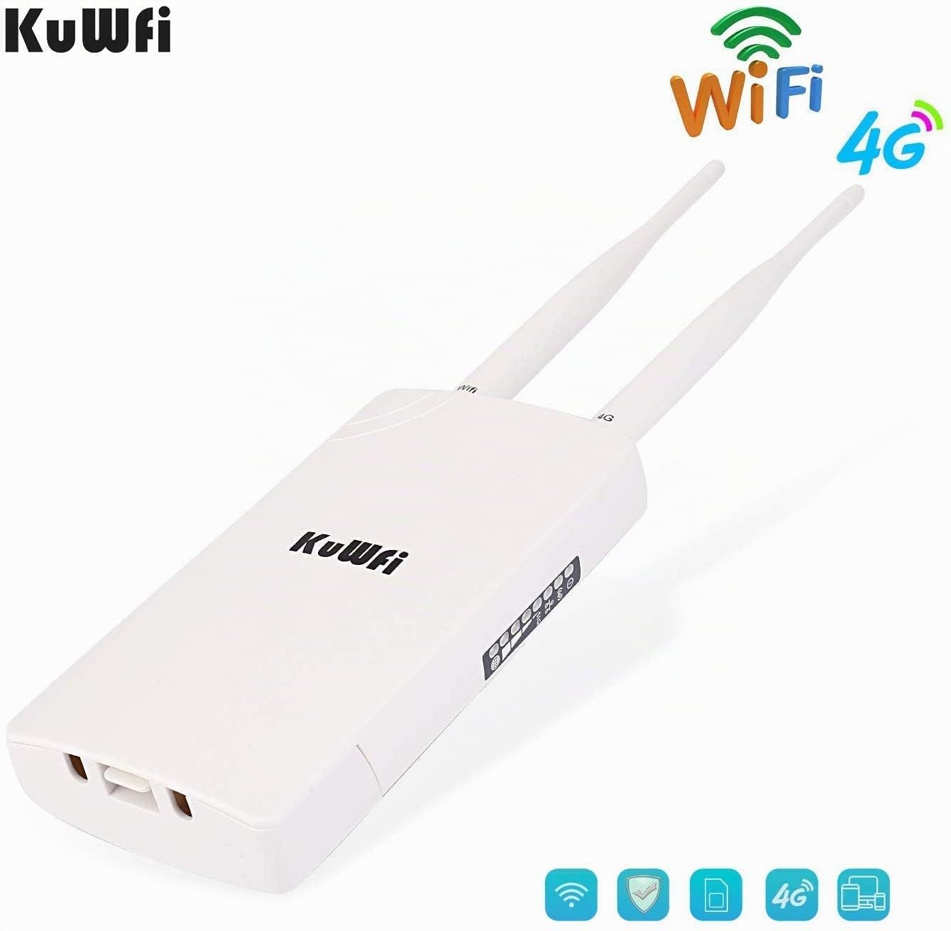 Router 4G LTE, KuWFi 150Mbps 3G 4G LTE Router CAT4 con Slot per schede SIM Funziona con Telecamera IP o Copertura WiFi Esterna con Antenna 2pcs Funziona con 3 (Tre) / Tim/Wind/Vodafone SIM Card