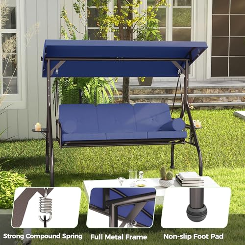 Image of SUNCROWN Outdoor 3 in 1 Porch Swing Chair, 3 Seat Patio Swing Glider with Adjustable Canopy, Heavy Duty Swings with Thickened Cushions, Pillows & Cup Holders for Backyard, Porch, Garden,Dark Blue