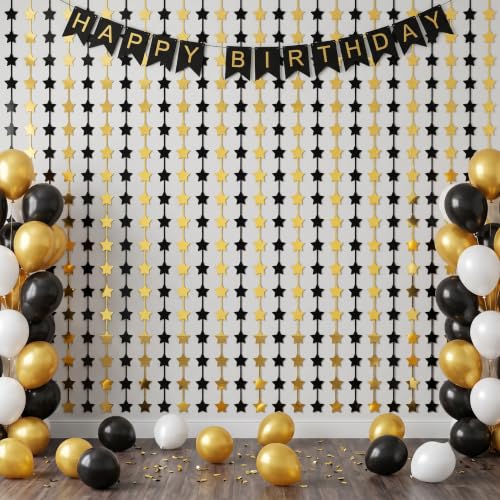 Image of TONIFUL Black Gold Star Foil Fringe Curtains 2 Packs 3.3 x 6.6 ft Metallic Tinsel Streamers Backdrop with Star Cutouts for Baby Shower Graduation New Year Birthday Party Decorations