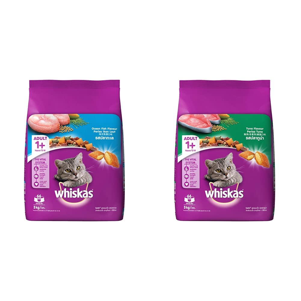 Whiskas Adult (+1 Year) Dry Cat Food, Ocean Fish Flavour, 3kg Pack & Whiskas Adult (+1 Year) Dry Cat Food, Tuna Flavour, 3kg Pack