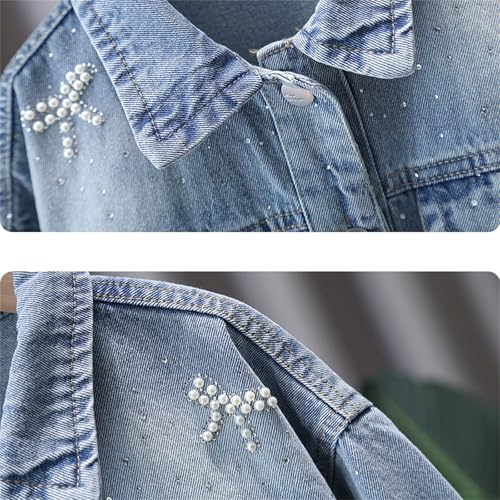 Bow Denim Jacket for Girls Long Sleeve Button Up Lapel Collar Pearl Decoration Coat, Y2k Casual Streetwear Outwear3