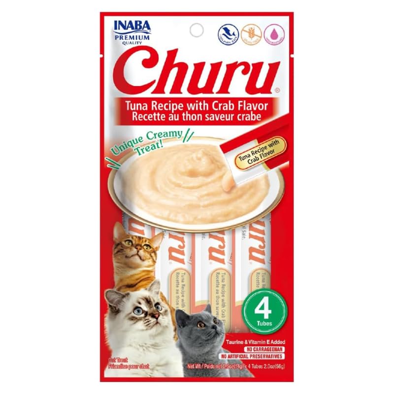 Image of INABA Churu Cat Treats, Grain-Free, Lickable, Squeezable Creamy Puree Cat Treat /Topper with Vitamin E & Taurine, 0.5 Ounces Each Tube, 24 Tubes (4 per Pack), Tuna with Crab Recipe