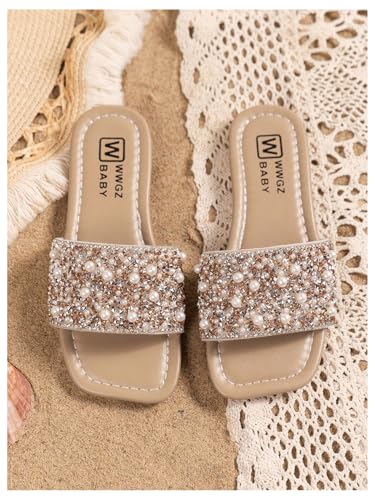 Image of GORGLITTER Girl's Pearls Dress Flat Sandals Glitter Rhinestone Summer Open Toe Teens Slides