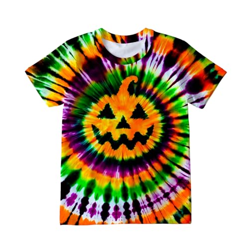 Poykopty Kids Purple Yellow Green Tie Dye T-Shirts Hippie Short Sleeve Halloween Shirt Pumpkin Tees for 12-14 Years Boys Girls