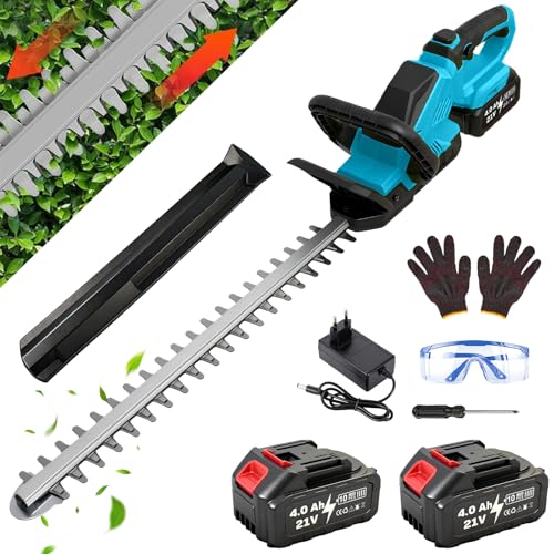 Heckenschere Akku mit 2X 4.0Ah Akku & Ladegerät kabelloser Heckenschneider 21V 54cm gehärtetes Stahlmesser 30mm Schnittstärke 180 drehbarer Griff für Hecken Sträucher & Büsche (Blau)