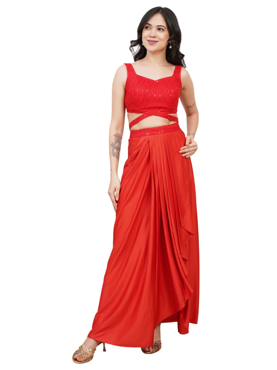 Women's Vibrant Red Cord Set with Embellished Crop Top and Draped High-Slit Skirt | Stylish Party Outfit for Celebrations and Special Events-picture-19