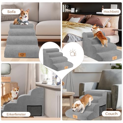 MASTERTOP Hundetreppe 4 Stufen, Hunderampe für Sofa aus Hochdichtem Schaumstoff, Haustiertreppe mit Waschbarem Plüschbezug und Rutschfestem Boden für Große/Kleine Katzen und Hunde, Grau