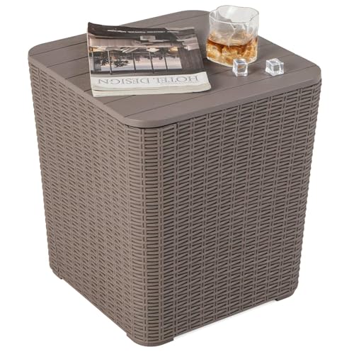 Costway Resin Wicker Patio Side Table with Lid, 43 L Outdoor Deck Box with Concealed Storage Space, Small Square Coffee Table End Table for Porch, Garden, Poolside (Brown)