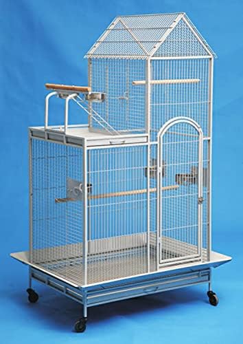 Extra Large Parrot Bird Wrought Iron Rolling Cage with Play Stand Perch Ground with Seed Guard (36" x 26" x 60"H, Green Vein)