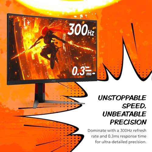 Image of AOC CQ27G4ZH 27 inch Curved Gaming Monitor, QHD 2K 2560x1440, 1500R VA, 300Hz 0.3ms MPRT, HDMI x2, DP x1, Height Adjustable Stand, HDR, 3-Year Zero-Bright-dot