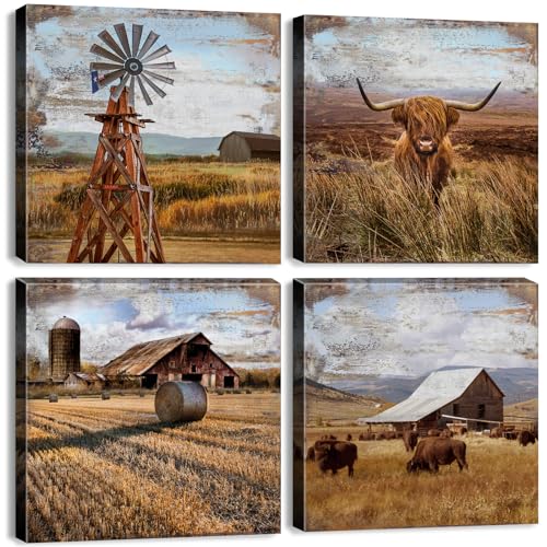 Highland Cow Wall Art Vintage Farmhouse Kitchen Wall Decor Western Country Barn Pictures Rustic Windmill Landscape Canvas Prints Farm Scenery Posters Artwork Living Room Home Decorations 12x12 4Pcs