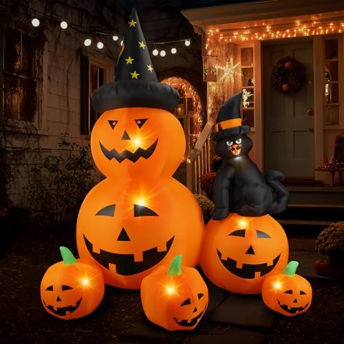 Inflatable decoration with pumpkins, lanterns, and a black cat