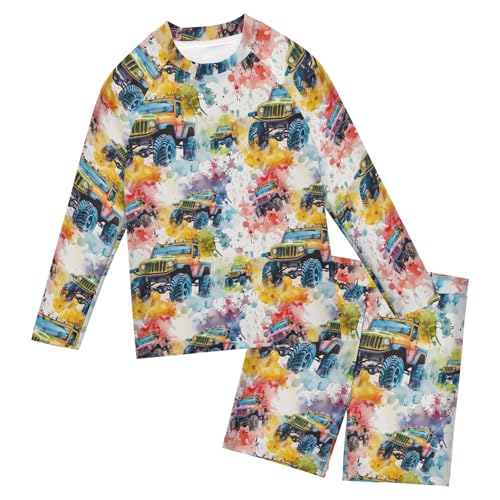 Watercolor Car Boys Rash Guard Swimsuits Set for Boys Long Sleeve Swim Shirts Bathing Suits with Trunks B0403357