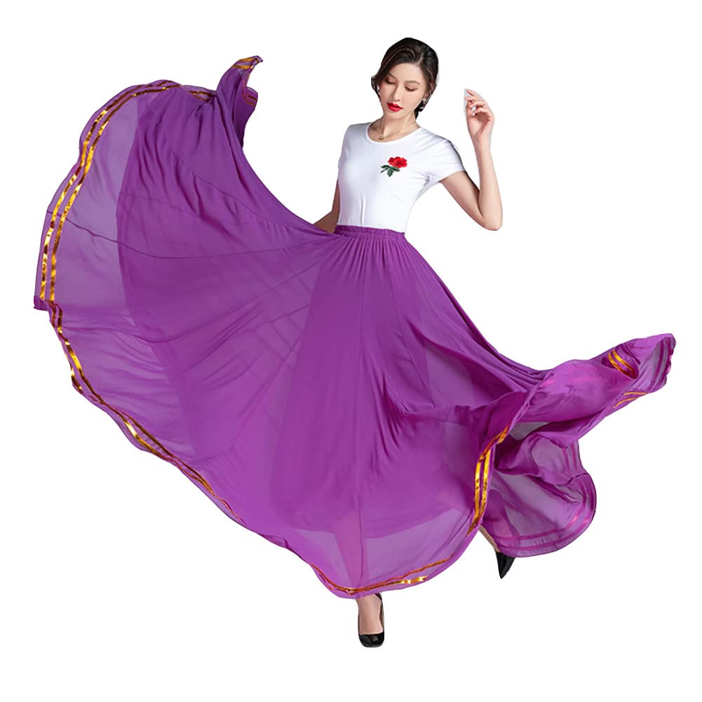 GUOCU Femme A-Ligne Jupon Long Jupe Brillante en Mousseline de Soie Square Dance Maxi Danseuse de Ballet Jupe Performance Flamenco Tribal Training Danse du Ventre