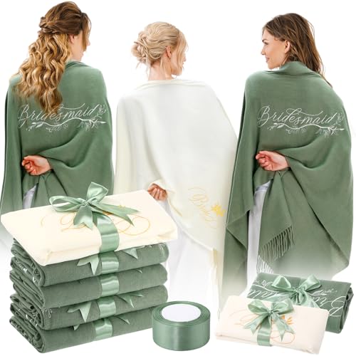 Hercicy 5 Pcs Bridesmaid Gifts Bride Pashmina Shawls and Wraps White Scarf Matcha Green Shawls for Wedding Proposal Bridal Party Accessories