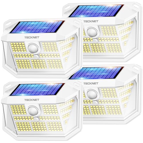 TECKNET Luz Solar Exterior, 231 LED/300° Iluminación (Ilumina 35㎡) Brillo Alto Luces Solares con Sensor de Movimiento, 3 Modes IP65 Impermeable Focos Led Solares para Jardín, Garaje, Patio, 4 Paquete