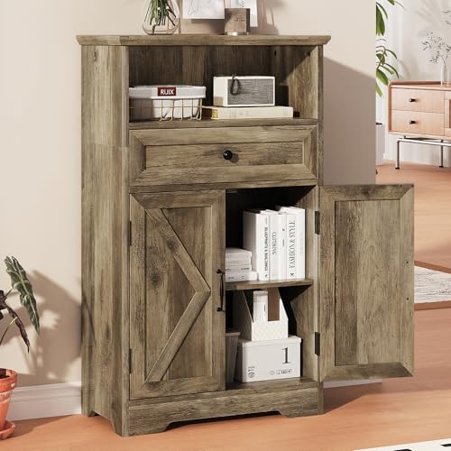 Viroformo Floor Cabinet, Farmhouse Storage Cabinet with Barn Doors and Drawer, Freestanding Adjustable Shelf Organizer for Bathroom, Kitchen, Living Room Grey
