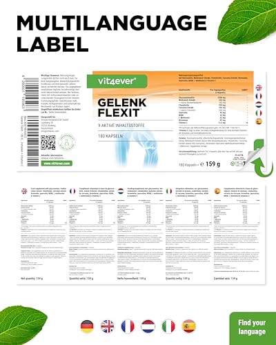 vit4ever Gelenk Flexit - 180 Kapseln - Hochdosierter Komplex mit Glucosamin + MSM + Weihrauch Extrakt + Chondroitin + Curcuma + Quercetin + L-Methionin + Bromelain + Vitamin C