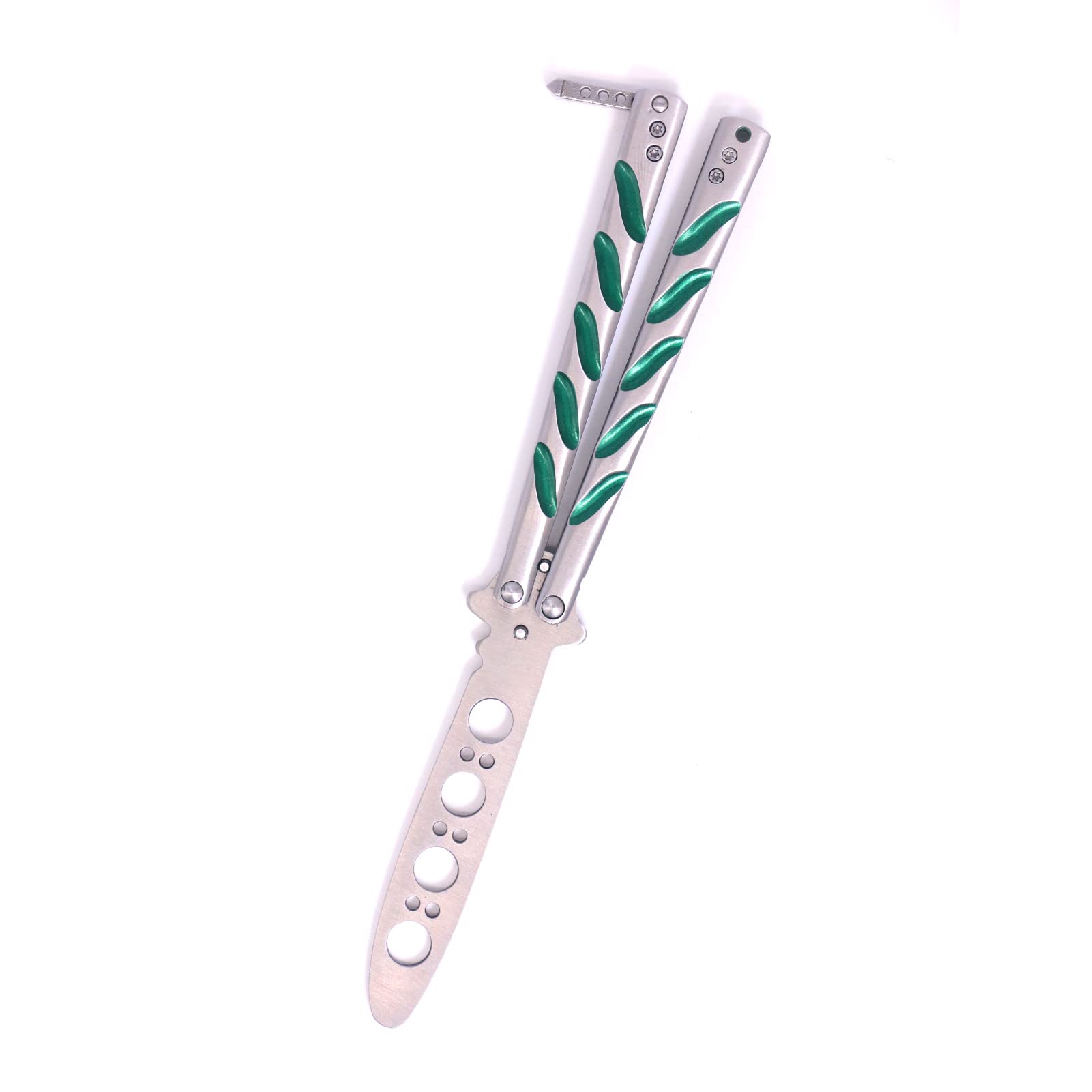 SFUNG Practice Butterfly Knife, Stainless Steel Balisong Trainer Unsharpened Blade with Spring Latch, Smooth Action Butterfly Knife Trainer (White+Green)