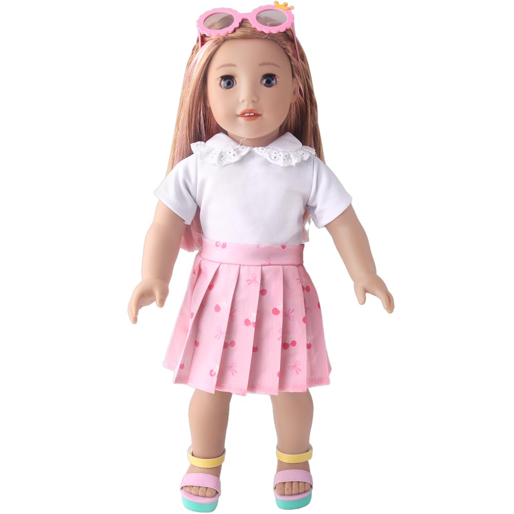 DUORUIMI Doll Clothes T-Shirt Pleated Skirt Top with Lace Short Dress Cherry Pattern Coton Summer Outfit for American Girl Doll 18-inch (pink)