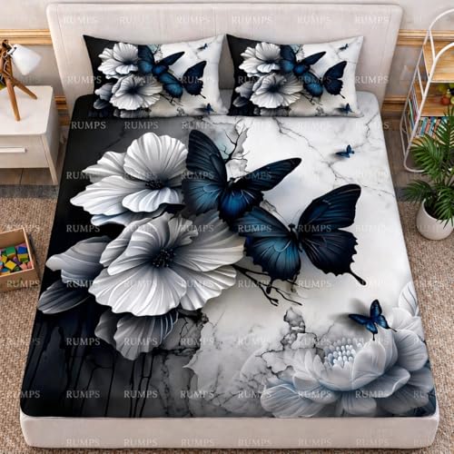 Image of RUMPS 3D Digital Printed Double Bedsheet Flat | Premium Knitted Cotton MicroFabric 90x100 Inch Bed Sheet with 2 Pillow Covers, Cute Cartoon Blue Bird (7D Digital Blue Butterfly)