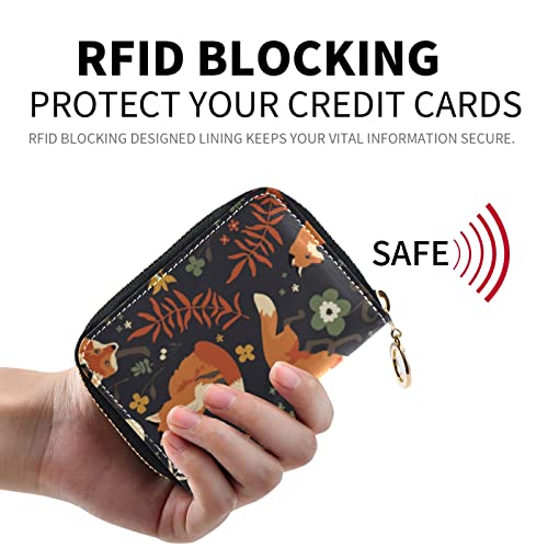 Seamless Orange Foxes Walk in Grass and Floral Flowers on Dark Grey Credit Card Coin wallet, RFID Blocking Compact Women Leather Card Holder, Key Change Organizer, Zipper Purse Clutch Pouch2