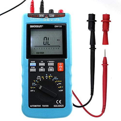 allsun 2 in 1 Autorange Digital Multimeter AC DC Volt Current Ohm Capacitance Frequency Diode Temp 5-Digit LCD Automotive Diagnosis Tester Measure RPM Dwell Angle DMM(EM135)