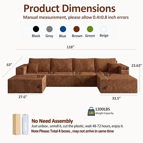 Image of 118 inch Modular Sectional Sofa with Chaise and Ottoman, Oversized U-Shaped Corduroy Cloud Couch, Deep Seat Boneless Couch for Living Room, No-Assembly - Blue (Right Facing Chaise)