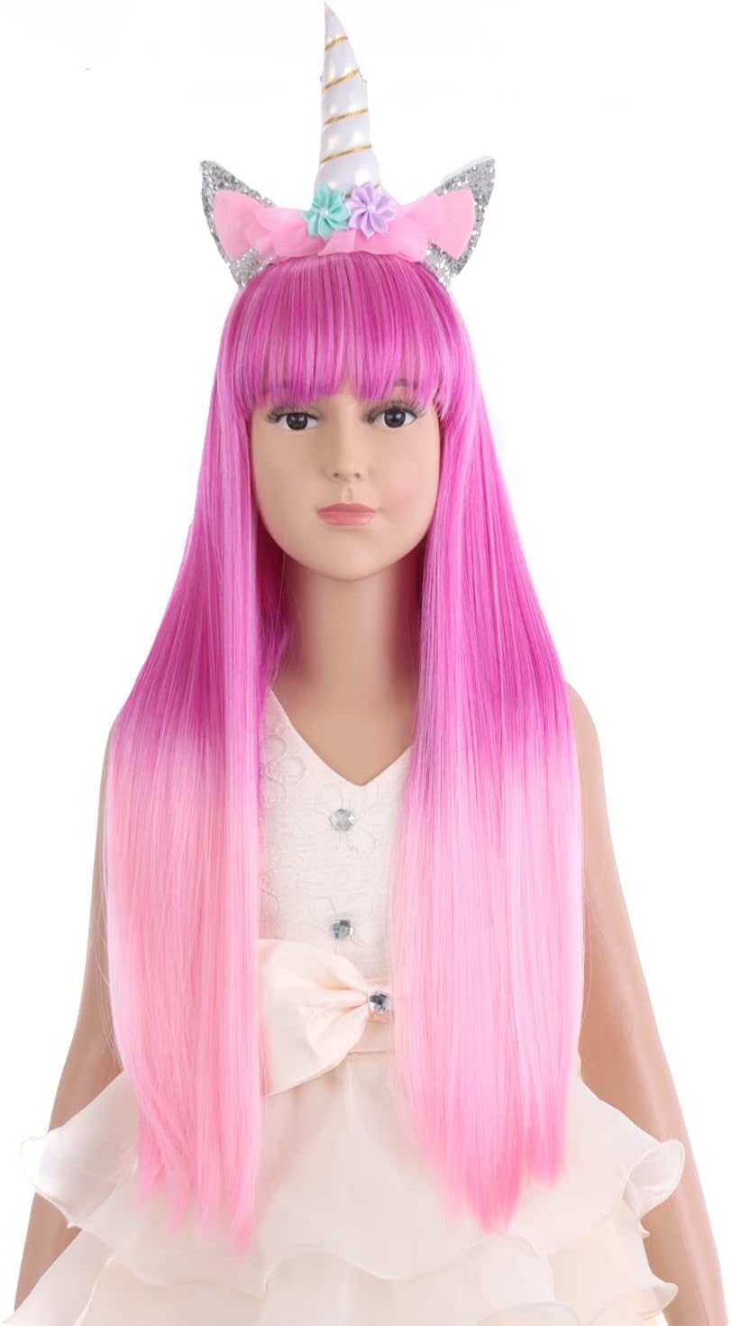 Purple Pink Wig for Kids Girl’s Long Ombre Purple Pink Straight Cosplay Synthetic Wigs With Air Bangs Include Headpieces (Ombre purple pink)