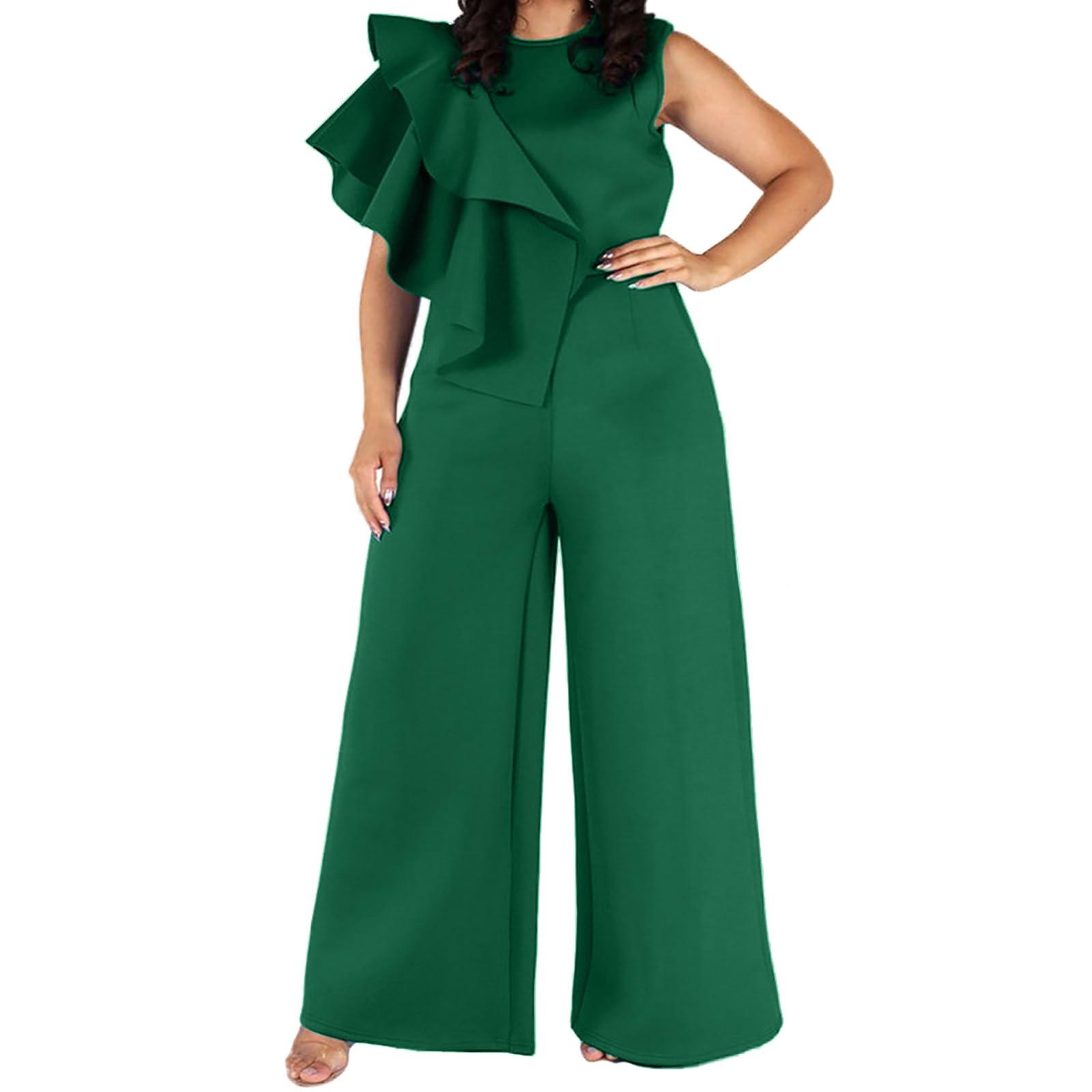 VERWIN Plus Size Ruffle Plain Full Length Loose Sleeveless Women's Jumpsuit Asymmetric Falbala Woman Romper