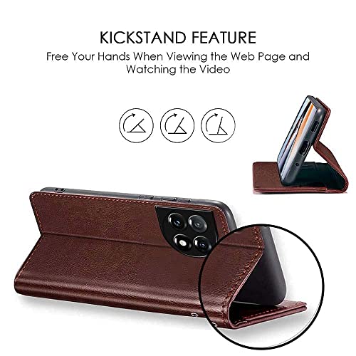Image of WOW IMAGINE Shock Proof Flip Cover Back Case Cover for 1+ OnePlus 11R 5G (Flexible | Leather Finish | Card Pockets Wallet & Stand | Chestnut Brown)