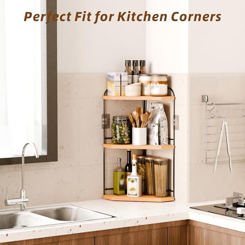 Image of Corner Bathroom Counter Organizer, 3-Tier Wood Countertop Organizer | Skincare Organizers for Vanity, Makeup Storage, Counter Corner Shelf for Kitchen, Bathroom, Dresser, Natural